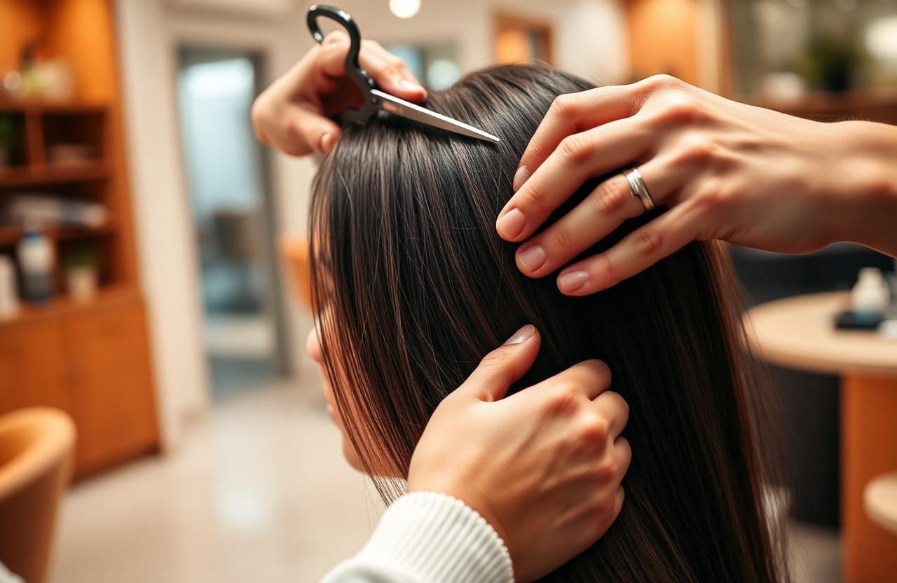 Hairstylist carefully finishing a precision haircut in a clean, warm salon environment.