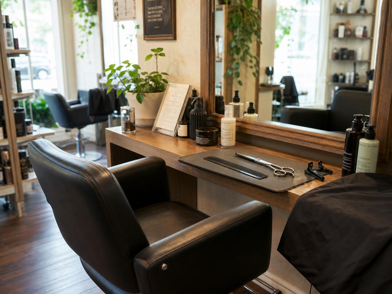 Clean professional salon station prepared with comb, scissors, clips, and hair products.