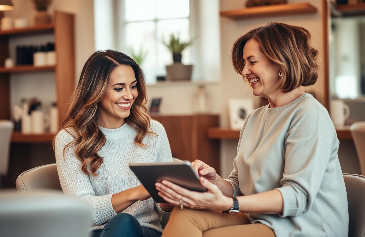 Hairstylist consulting with a client in a warm salon, representing the personalized service offered to Vestal, NY clients at Marion's Hair Design.